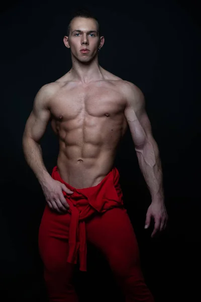 Athletic Male Model Red Pajama — Stock Photo, Image