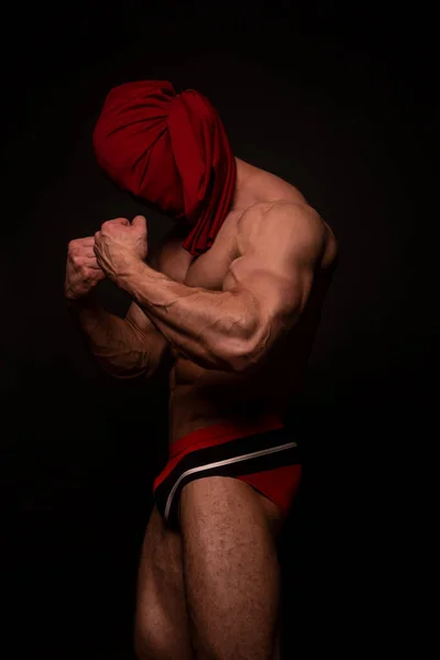 Fitness Male Model Face Covered Textile — Stock Photo, Image