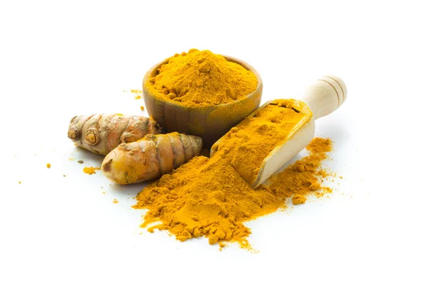 Racines de curcuma et poudre de curcuma — Photo