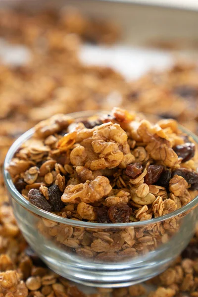 Granola cereal com aveia, sementes de abóbora, nozes e passas — Fotografia de Stock