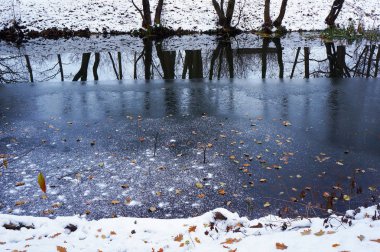 Buz ve wa ağaçlarda yansıması buz Nehri, turuncu yaprak