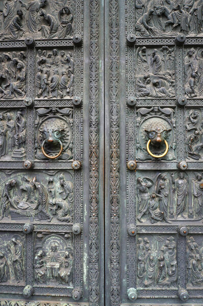 Ancient metal door of Bremen Cathedral, Germany.