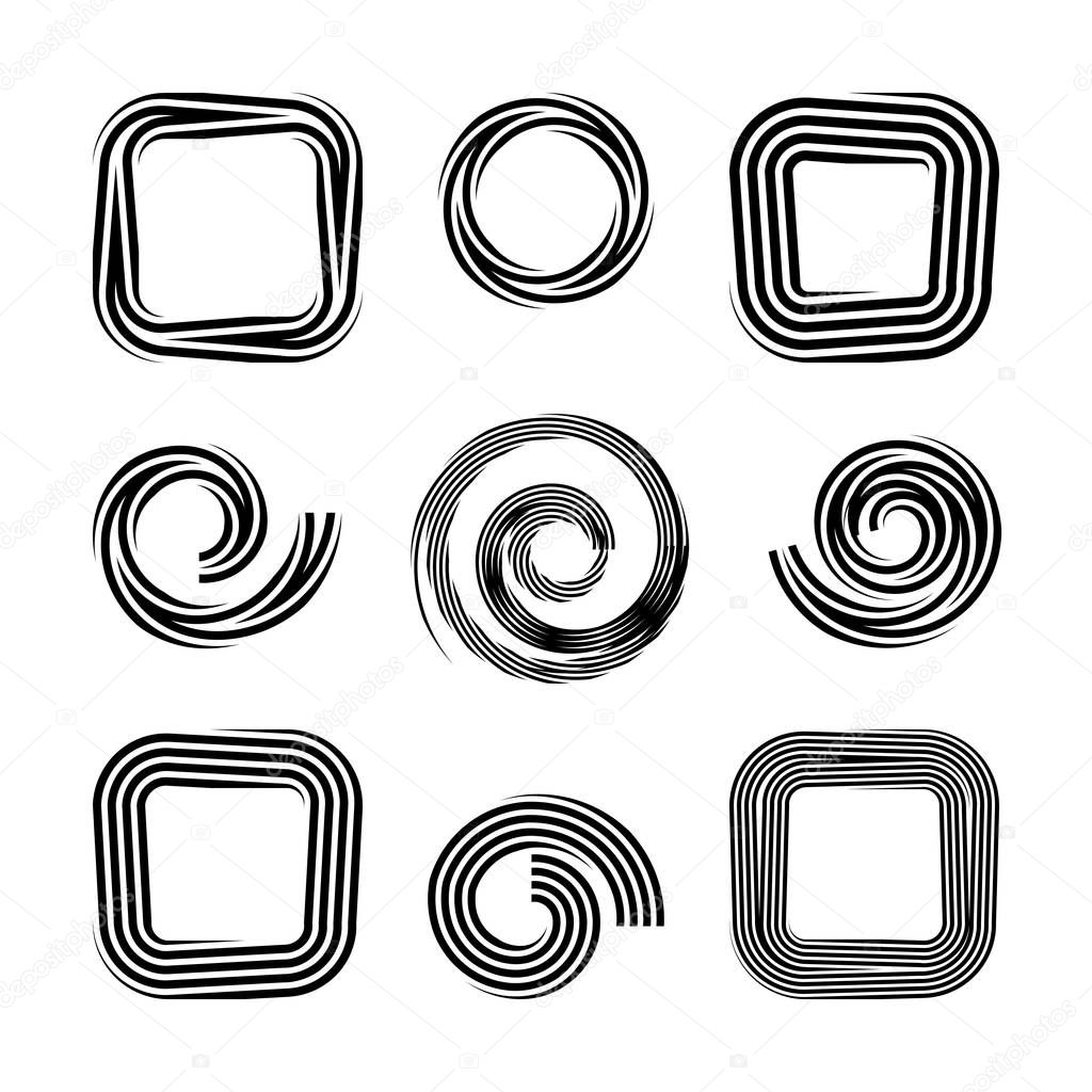 Spiral, circle and square striped lines shapes. Design elements set. Vector art.