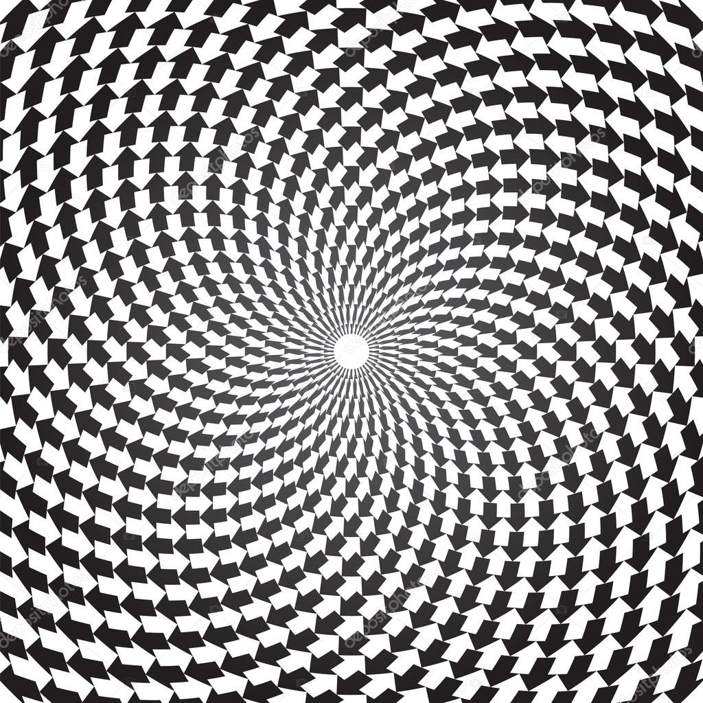 White and black arrows pattern. Spiral movement illusion. 
