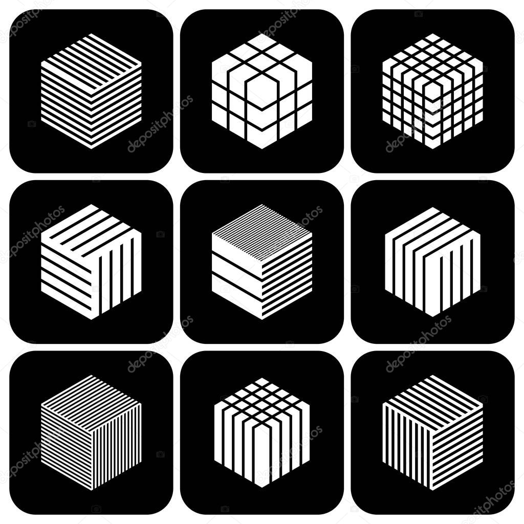 Design elements set. Abstract hexagons. Cubic shape icons. Vector art.