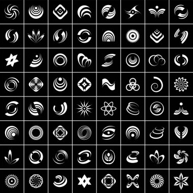 Geometrik tasarım elemanları ayarlandı. Siyah torba üzerinde beyaz soyut simgeler