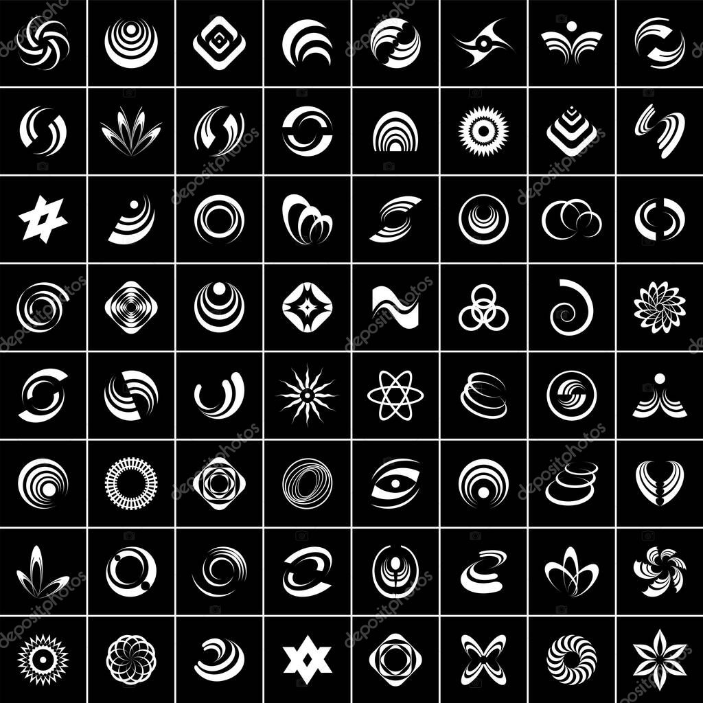 Geometric design elements set. White abstract icons on black square backdrops. Vector art.