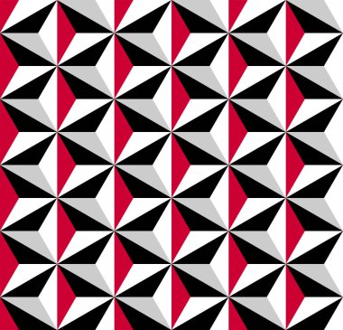 Kusursuz geometrik desen. Üç boyutlu illüzyon. Siyah, kırmızı, gri ve beyaz mozaik döşeli arka plan ve doku. Vektör sanatı.