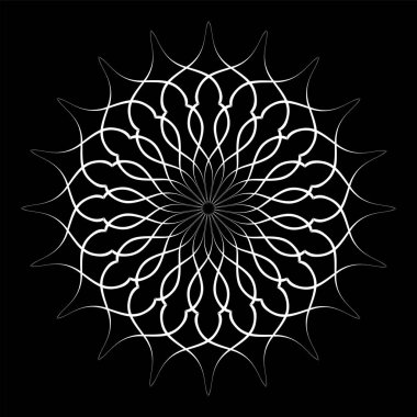 Siyah arkaplanda dekoratif daire şeklinde beyaz desen. Vektör sanatı.