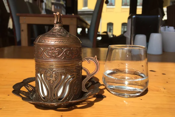 Traditional Turkish Coffee Cafe Istanbul Turkey Cap Metal Bronze Carved — Stock Photo, Image