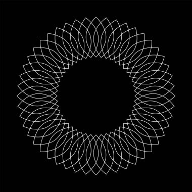 Soyut çember geometrik tasarım ögesi. Siyah arka planda beyaz çizgiler. Vektör sanatı.