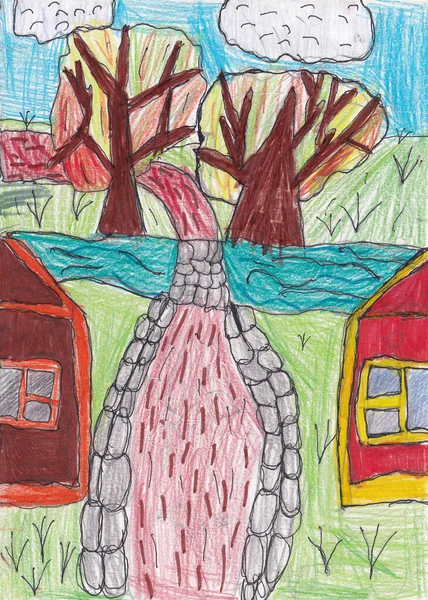 Child\'s drawing with colored pencils of rural landscape with road and bridge over river