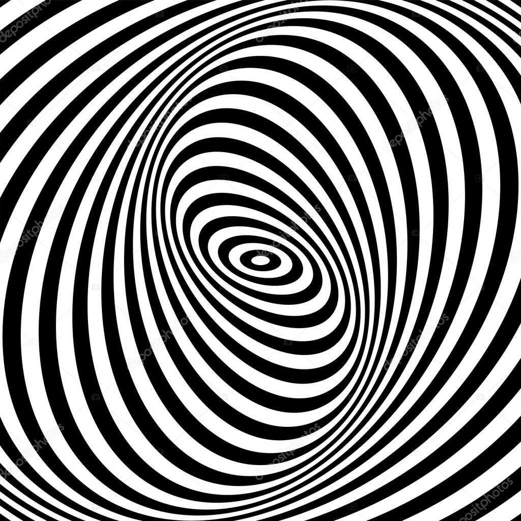 Illusion of spiral swirl vortex movement. Op art lines pattern and texture. Vector illustration.