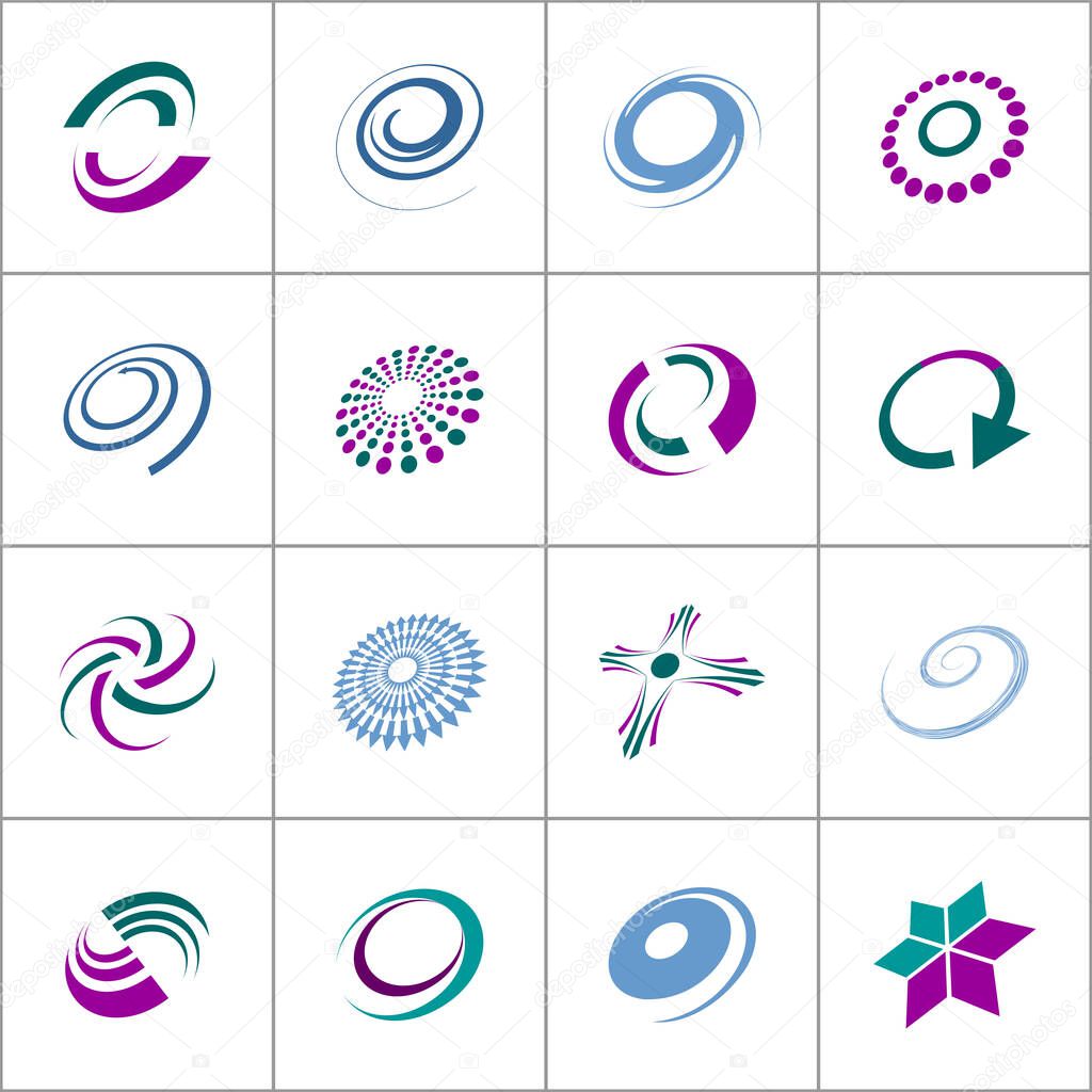 Abstract spiral circle arrow and cross shape design elements. Abstract icons set. Vector illustration.