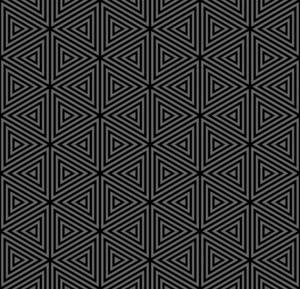 抽象的なシームレスな幾何学的六角形と三角形パターン 濃い灰色の背景に黒の質感 ベクトルアート — ストックベクタ