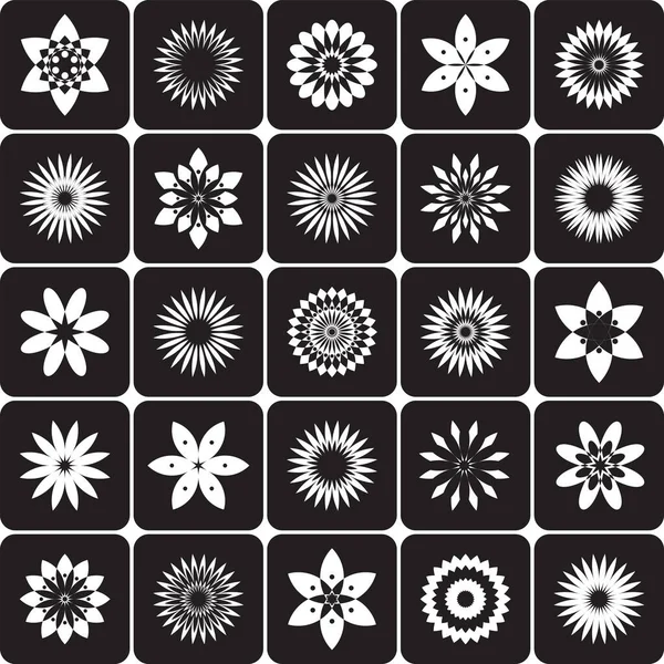 Abstract Circle Floral Design Elements Decorative White Icons Black Background — Stock Vector