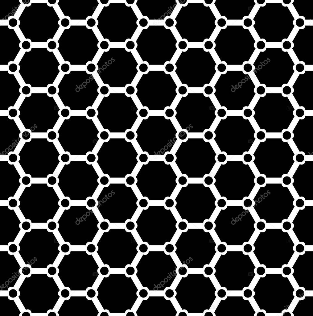 Seamless geometric hexagons grid pattern. White texture on black background. Vector art.