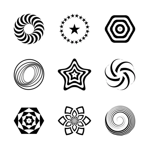 Návrhové Prvky Nastaveny Abstraktní Ikony Tvaru Hvězdy Spirály Kruhu Šestiúhelníku — Stockový vektor