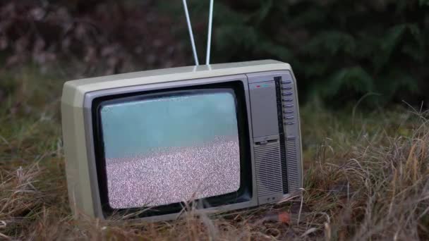 Телевизор без сигнала в траве — стоковое видео
