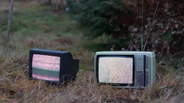 TV sem sinal na grama — Vídeo de Stock