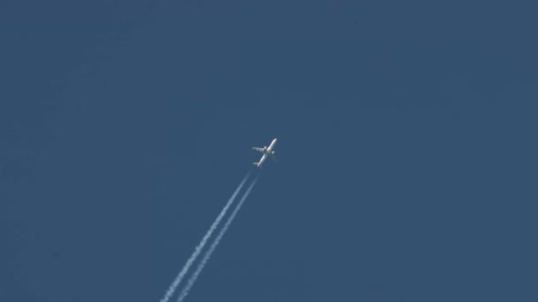 Vliegtuig op kruishoogte in de blauwe lucht — Stockvideo