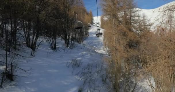 Zimní horský les, lyžařský vlek — Stock video