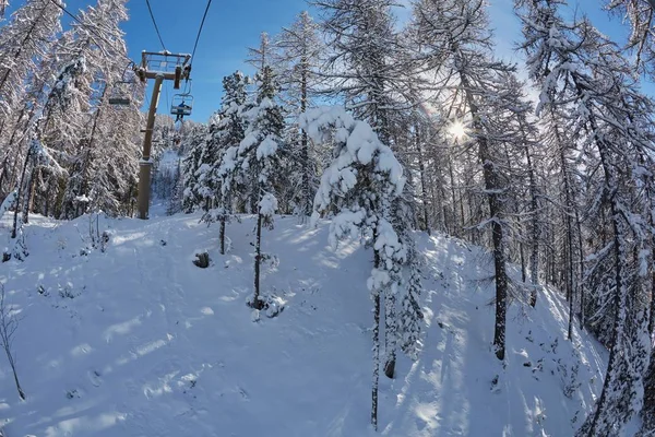 在高山上的滑雪胜地，滑雪升空 — 图库照片