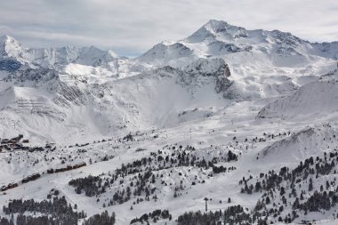 Kayak pistleri, ağaçlı görkemli Alp manzarası.