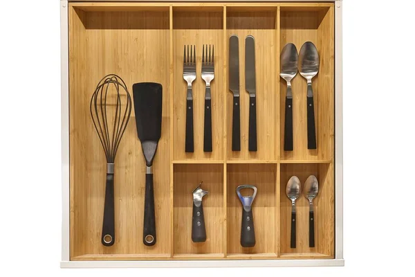 Minimalist kitchen tools put away in a drawer — Stock Photo, Image