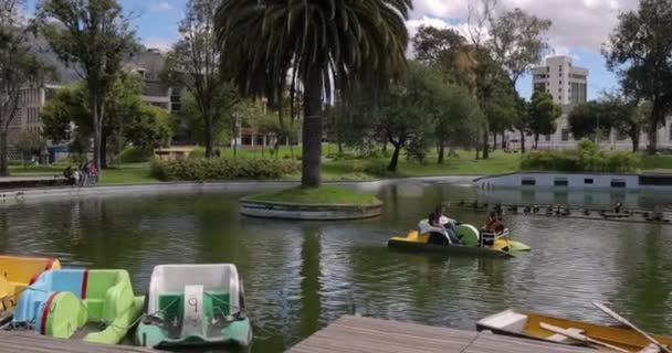 公園内の晴れた天気の池やパドルボート — ストック動画