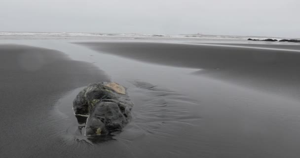 Praia de areia preta ondas calmas — Vídeo de Stock
