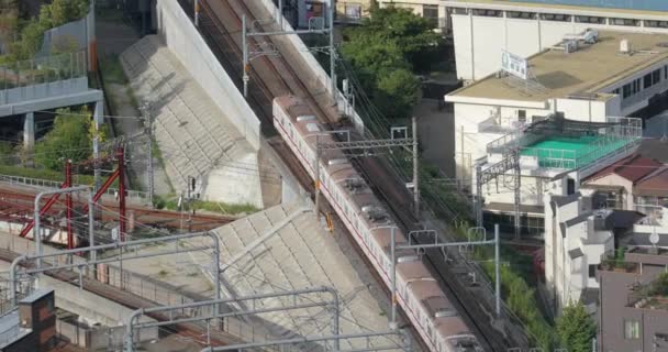 Treno in movimento in una città — Video Stock