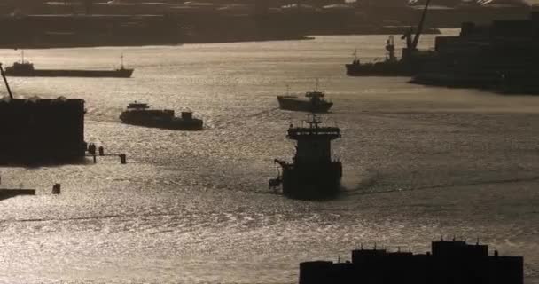 Dramatická průmyslová krajina s doky a nákladní lodě — Stock video
