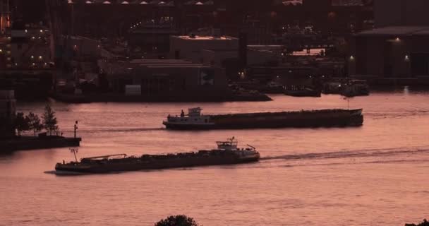 Cargo ship in a big industrial port turning on lights at dusk — Stock Video