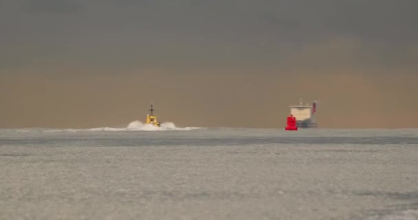 Navires à l'entrée du port de Rotterdam au crépuscule — Video