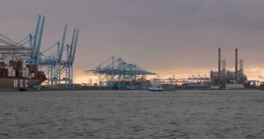 Rotterdam 'daki bir sanayi limanında tekne gezisi, konteyner terminali.,