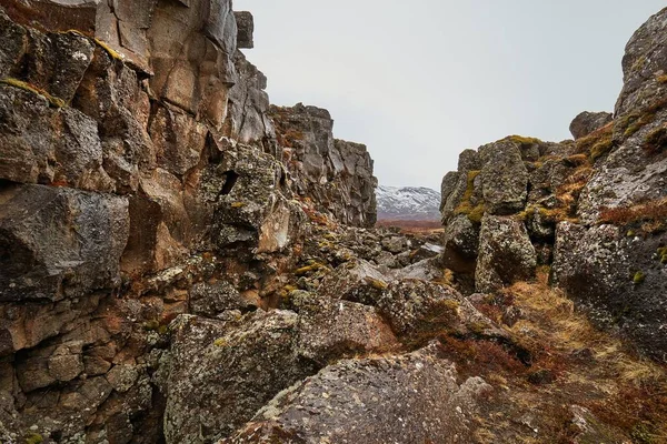 Thingvellir paisaje en Islandia con terreno rocoso, valle de la grieta — Foto de Stock