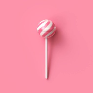 Pembe arka planda çizgili meyve pembesi ve beyaz lolipop.