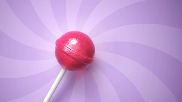 Sweet pink lollipop on stick on purple striped background — 스톡 사진