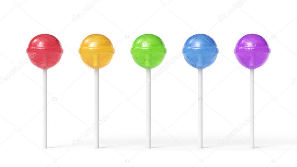 Set of five colorful sweet lollipops isolated on white background