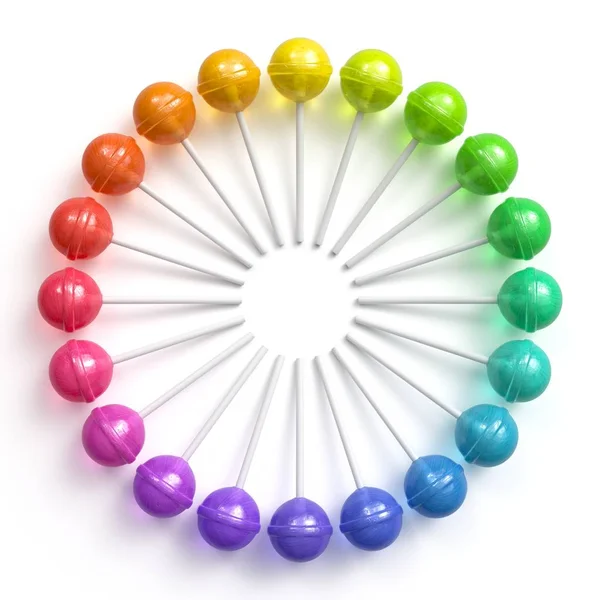 Sweet Multicolored Lollipops Arranged Circle Frame Isolated White Background Rendering — Stock Photo, Image