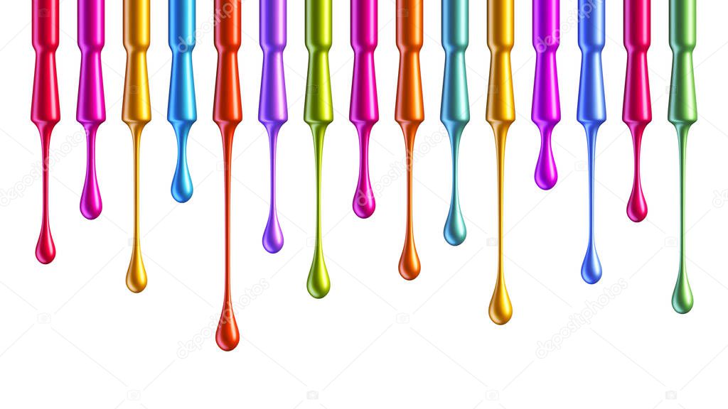 Colorful nail polish brushes with falling drops isolated on white background