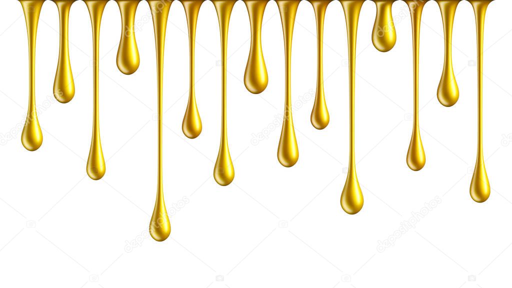 Golden nail polish drops. Dripping golden paint isolated on white background