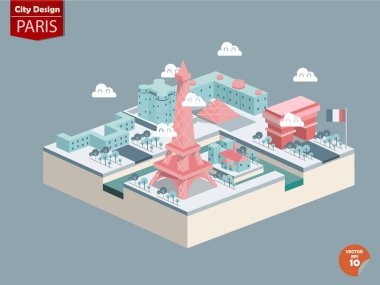 Paris Fransa, Paris şehir tasarım perspektif, şirin tasarımı Paris şehrinin oluşur Eyfel Kulesi, Louvre Sarayı ve piramit, Notre Dame de Paris, Arc de Triomphe