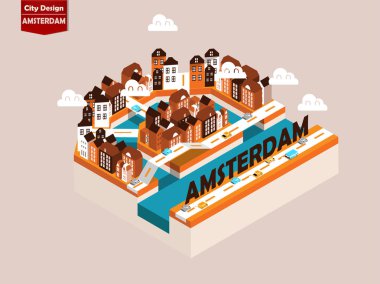 güzel izometrik tarzı tasarım konsepti Amsterdam city, Hollanda, Amsterdam Simgesel Yapı izometrik tasarım konsepti