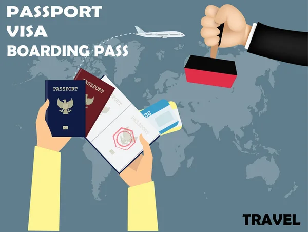 Conception vectorielle de voyage, visa estampillage sur passeport avec carte d'embarquement sur fond de carte du monde . — Image vectorielle