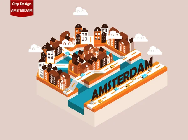 Mooie isometrische stijl design concept van Amsterdam stad, Nederland, Amsterdam landmark isometrische ontwerpconcept — Stockvector