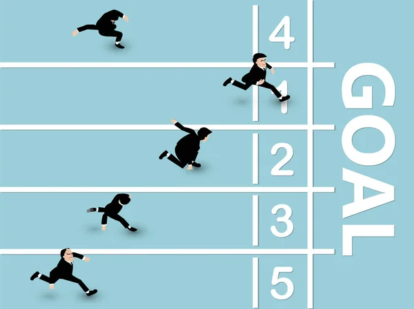 Grafica vettore di business man correre verso l'obiettivo sulla pista di corsa, concetto di business goal — Vettoriale Stock