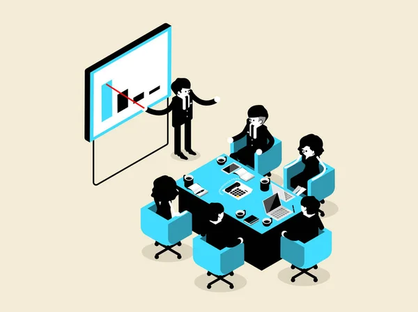 Belo design isométrico de pessoas de negócios masculino e feminino em situação de reunião e apresentação, conceito de design isométrico de negócios — Vetor de Stock