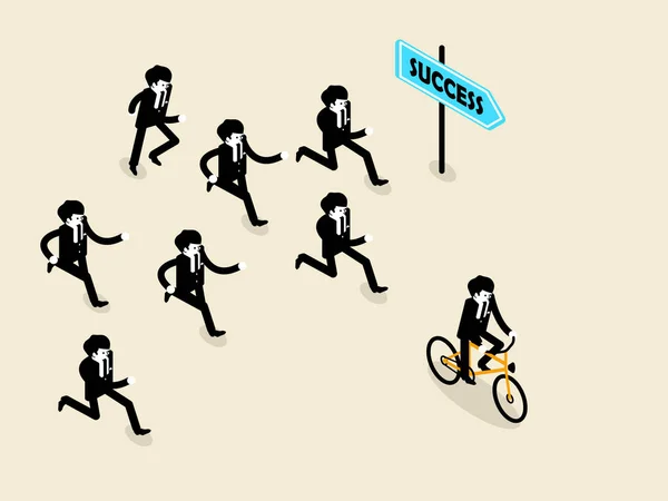 Hermoso concepto de diseño de éxito empresarial en estilo isométrico, hombre de negocios bicicleta está por delante del grupo de hombres de negocios que están corriendo seguir — Vector de stock